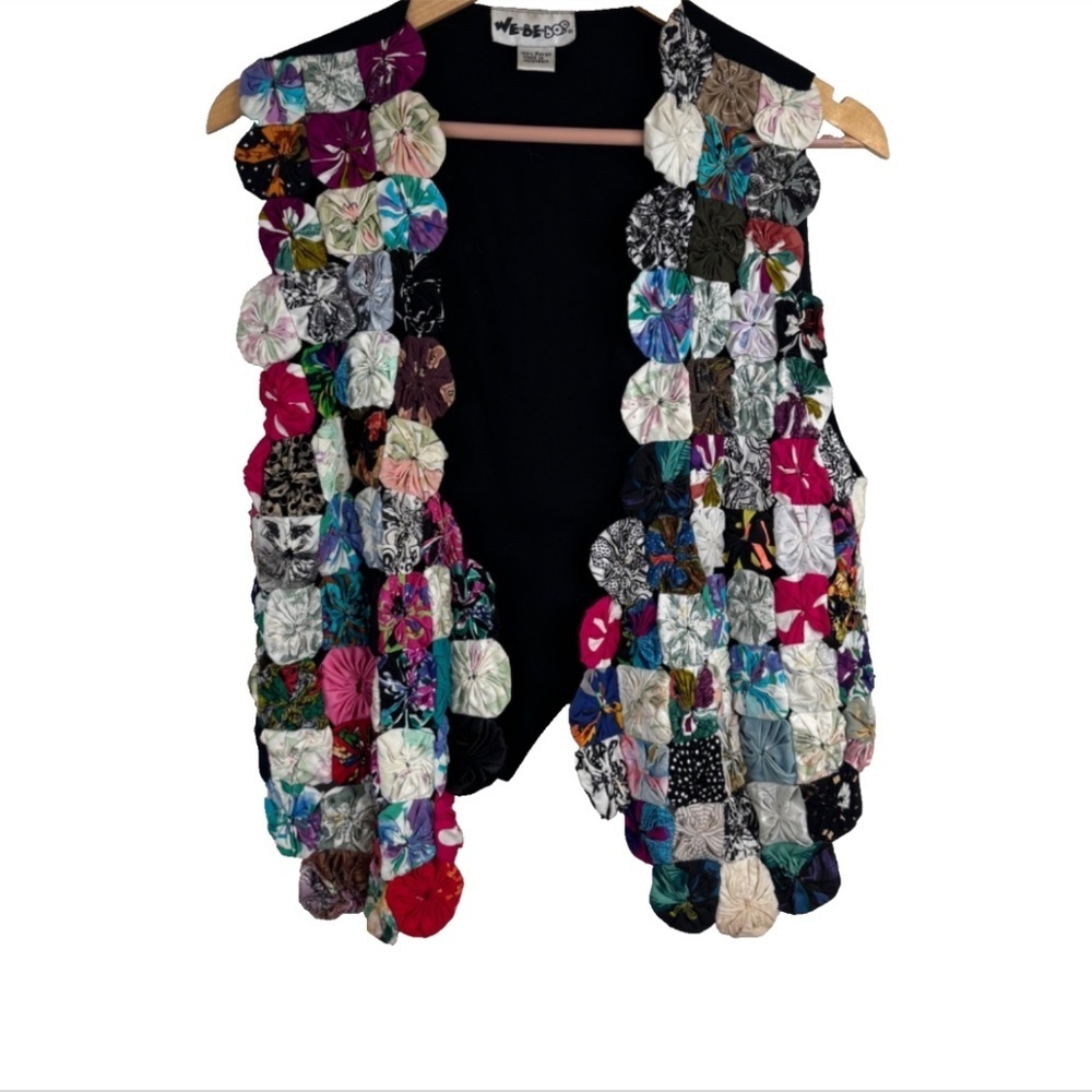 VTG 90s Patchwork Vest L Multicolor Rosette Boho Whimsigoth Eclectic Art Granny